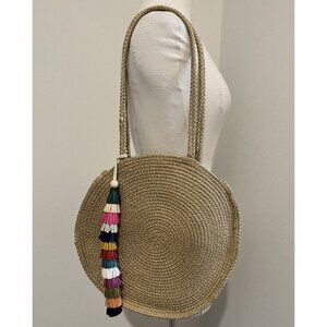 Round jute & polyester round bag with colorful raffia tassel Spring/Summer beach